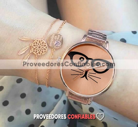 R1830 Reloj Rosado Extensible De Metal Con Cara De Gato Y Lentes Jpg