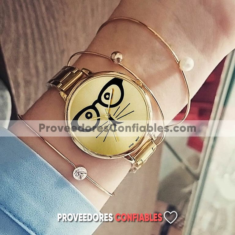 R1831 Reloj Dorado Cara Gato Con Lentes Extensible Metal Mayoreo Jpg