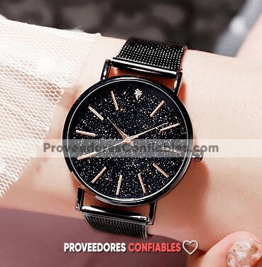 R2661 Reloj Negro Con Destellos Platinum Extensible De Metal A La Moda Mayoreo Jpg