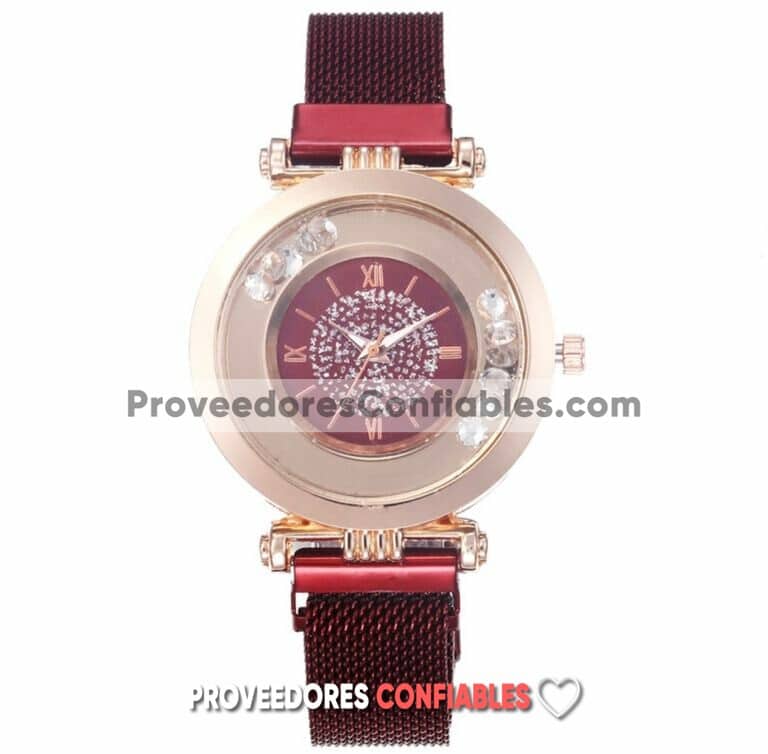 R3147 Reloj Rojo Extensible Mesh Metal Iman Caratula Diamantes Sueltos Con Numeros Romanos A La Moda Mayoreo Jpg