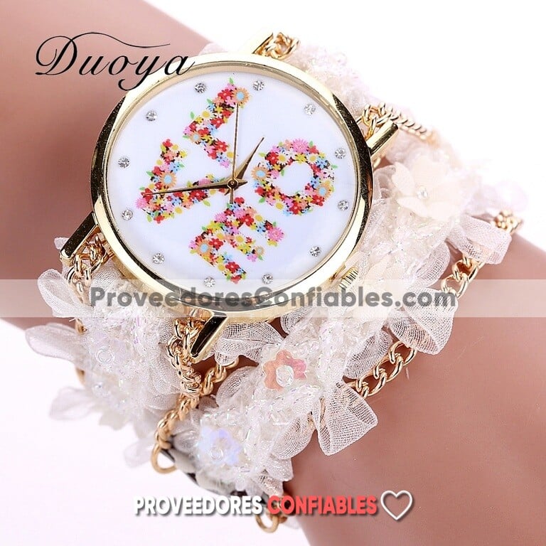 R3197 Reloj Pulsera Blanco Extensible Tela Caratula Dorado Love Flores Y Cadena A La Moda Mayoreo Jpg
