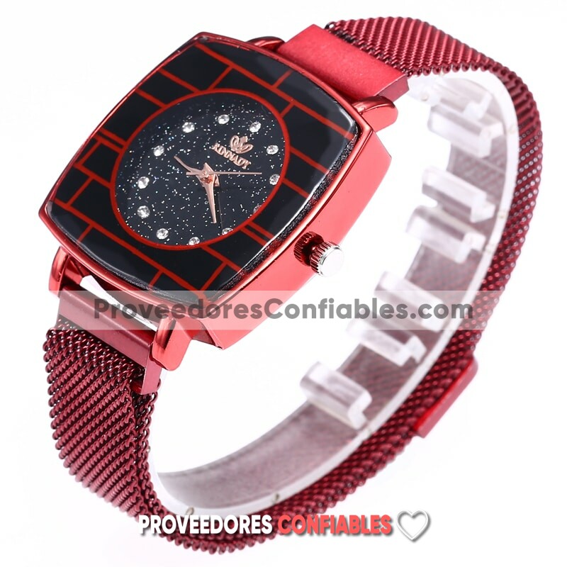 R3254 Reloj Rojo Extensible Metal Mesh Iman Caratula Cuadrada Diamantes Rinnady 2 Jpg
