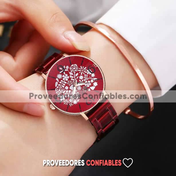 R3552 Reloj Rojo Extensible Metal Caratula Rojo Corazon De Flores 1 Jpg