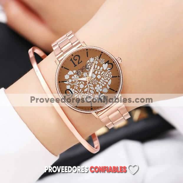 R3553 Reloj Gold Rose Extensible Metal Caratula Cafe Corazon De Flores 1 Jpg