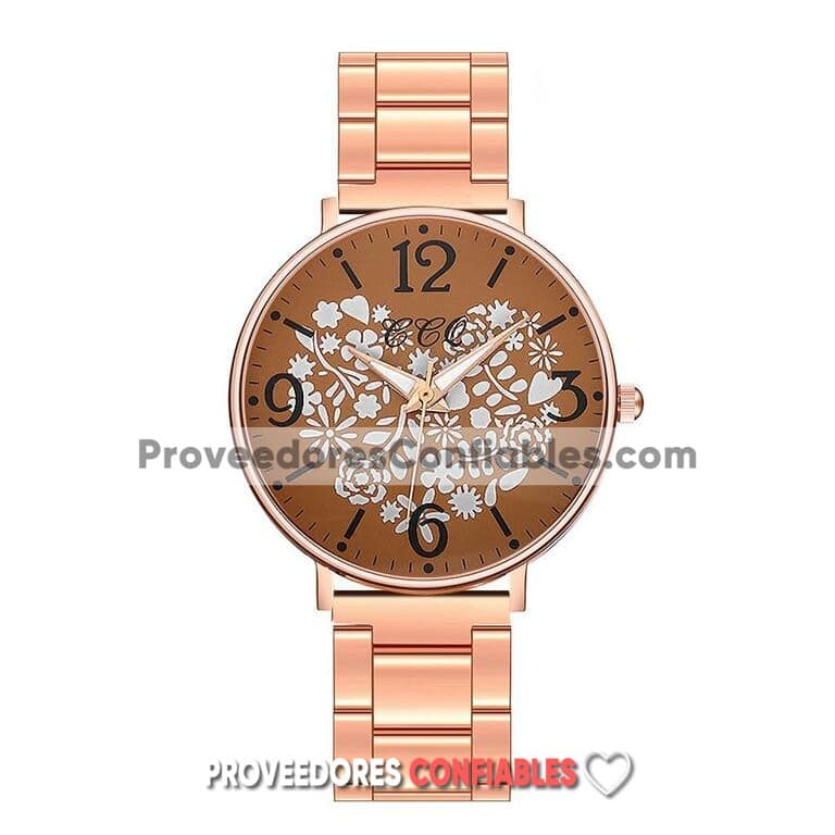 R3553 Reloj Gold Rose Extensible Metal Caratula Cafe Corazon De Flores 2 Jpg