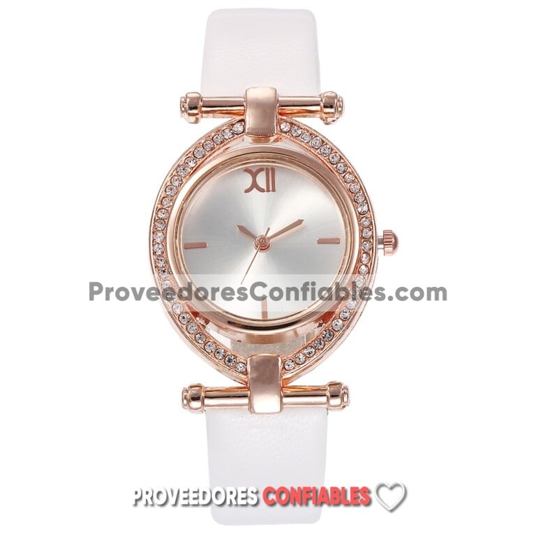 R3583 Reloj Blanco Extensible Piel Sintetica Caratula Doble Aro Diamantes Jpg