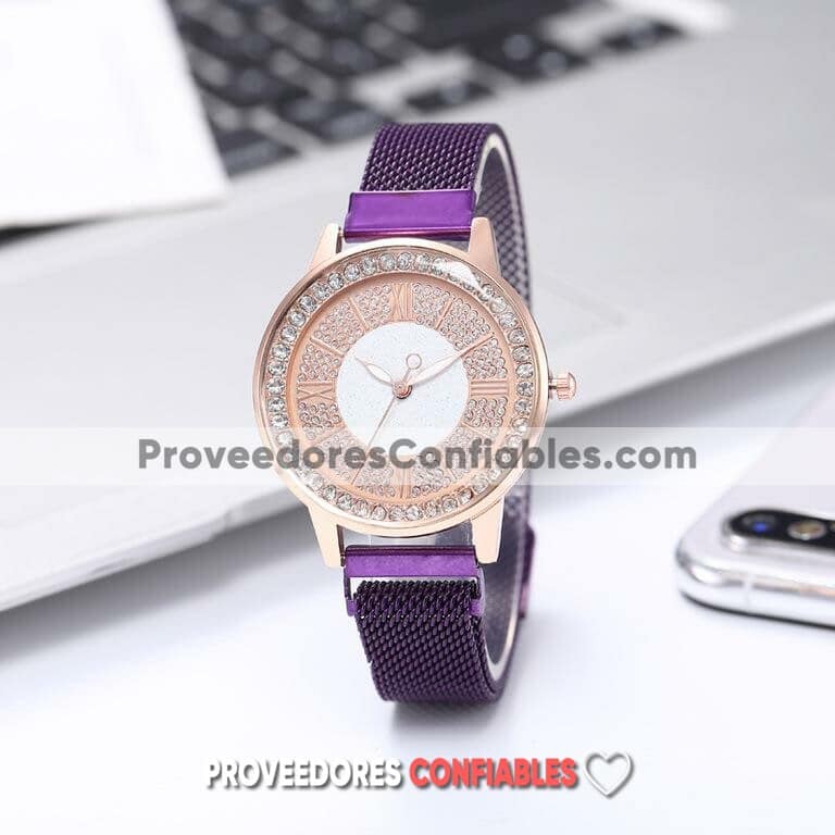 R3643 Reloj Morado Extensible Metal Mesh Iman Caratula Dorado Y Diamantes Numero Romanos Jpg