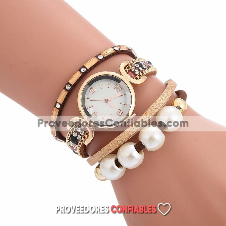 R3655 Reloj Pulsera Cafe Dorado Extensible Piel Sintetica Caratula Perlas Diamantes Jpg
