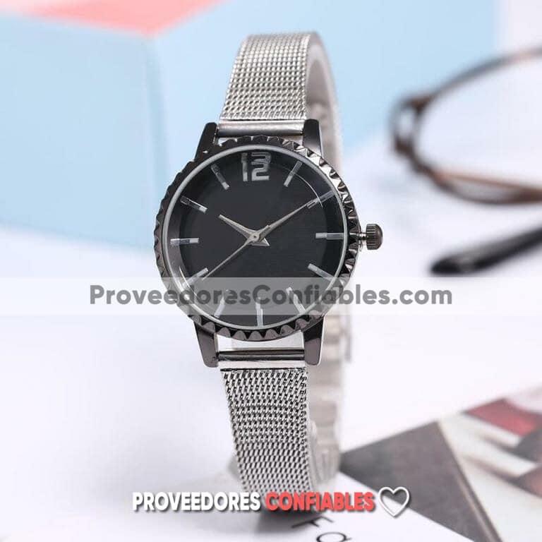 R3670 Reloj Plata Extensible Metal Mesh Caratula Negro Grabado De Flores 1 Jpg