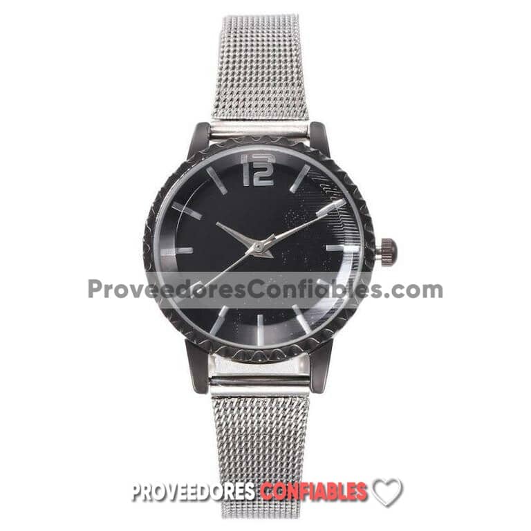 R3670 Reloj Plata Extensible Metal Mesh Caratula Negro Grabado De Flores 2 Jpg