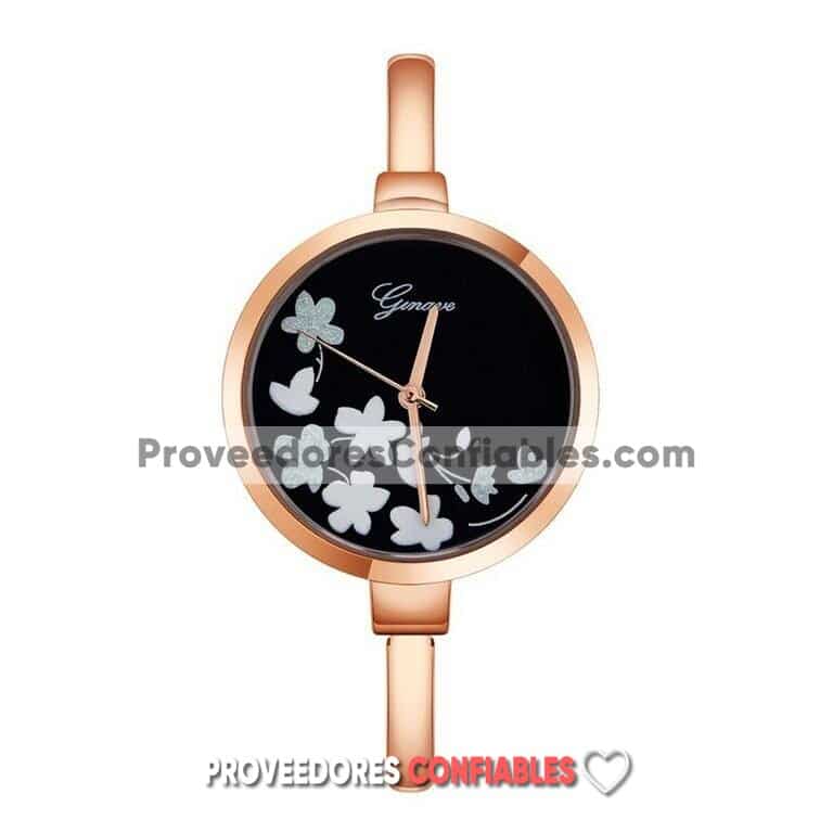 R3696 Reloj Brazalete Rosado Extensible Metal Delgado Caratula Negra Flores Blancas Ginave 1 Jpg