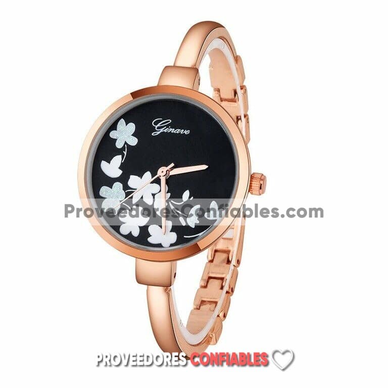 R3696 Reloj Brazalete Rosado Extensible Metal Delgado Caratula Negra Flores Blancas Ginave 2 Jpg