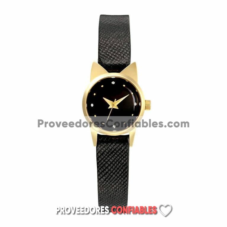 R3795 Reloj Negro Extensible Piel Sintetica Caratula Diamantes Mini Orejas De Gato Jpg