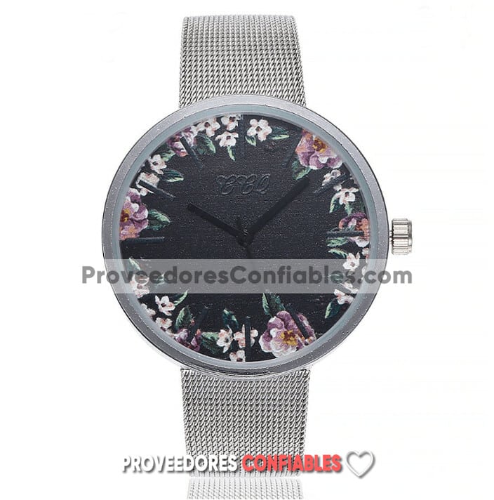 R3805 Reloj Plata Extensible Metal Mesh Caratula Sin Numeros Flores Blancas Ccq Jpg