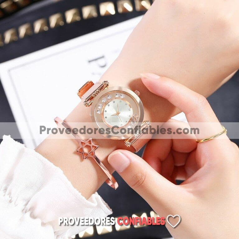 R3812 Reloj Gold Rose Extensible Metal Mesh Caratula Blanco Diamantes Giratorios 1 Jpg
