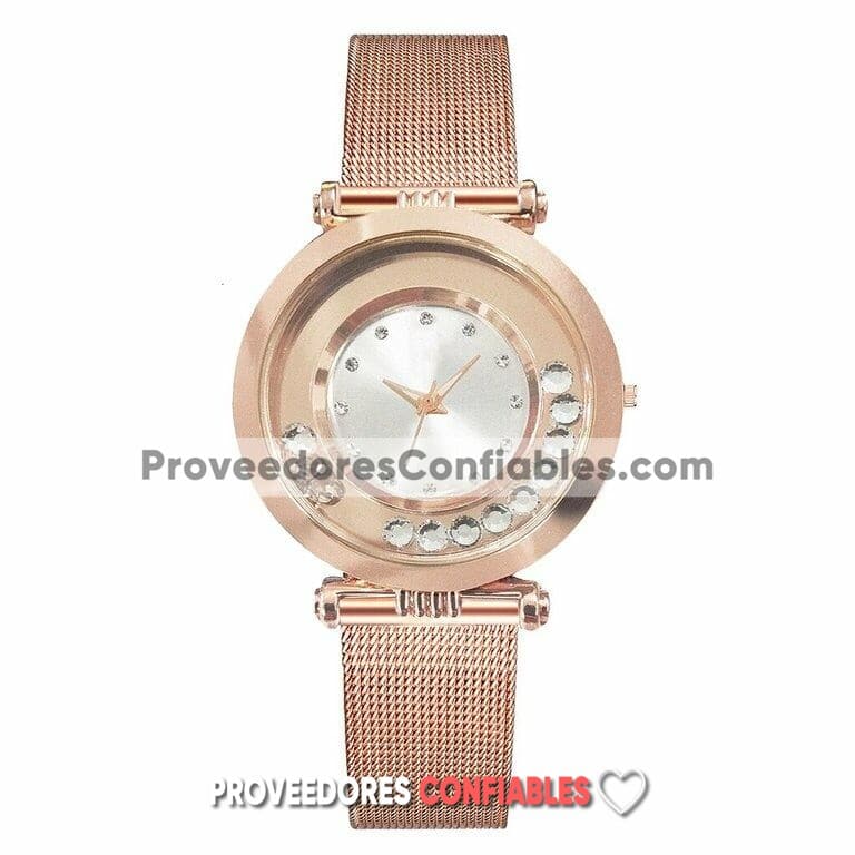 R3812 Reloj Gold Rose Extensible Metal Mesh Caratula Blanco Diamantes Giratorios 2 Jpg
