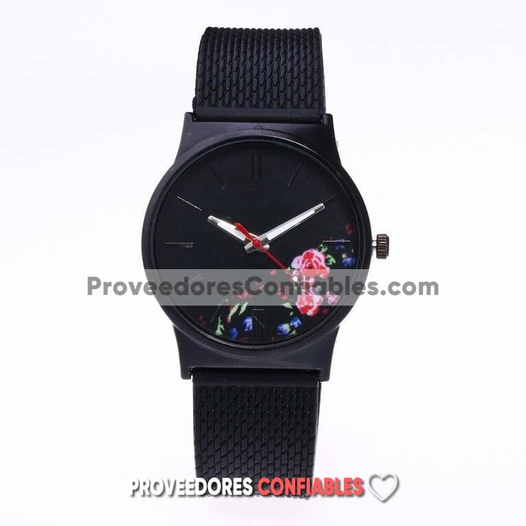 R3819 Reloj Negro Extensible Plastico Caratula Sin Numeros Flores 1 Jpg
