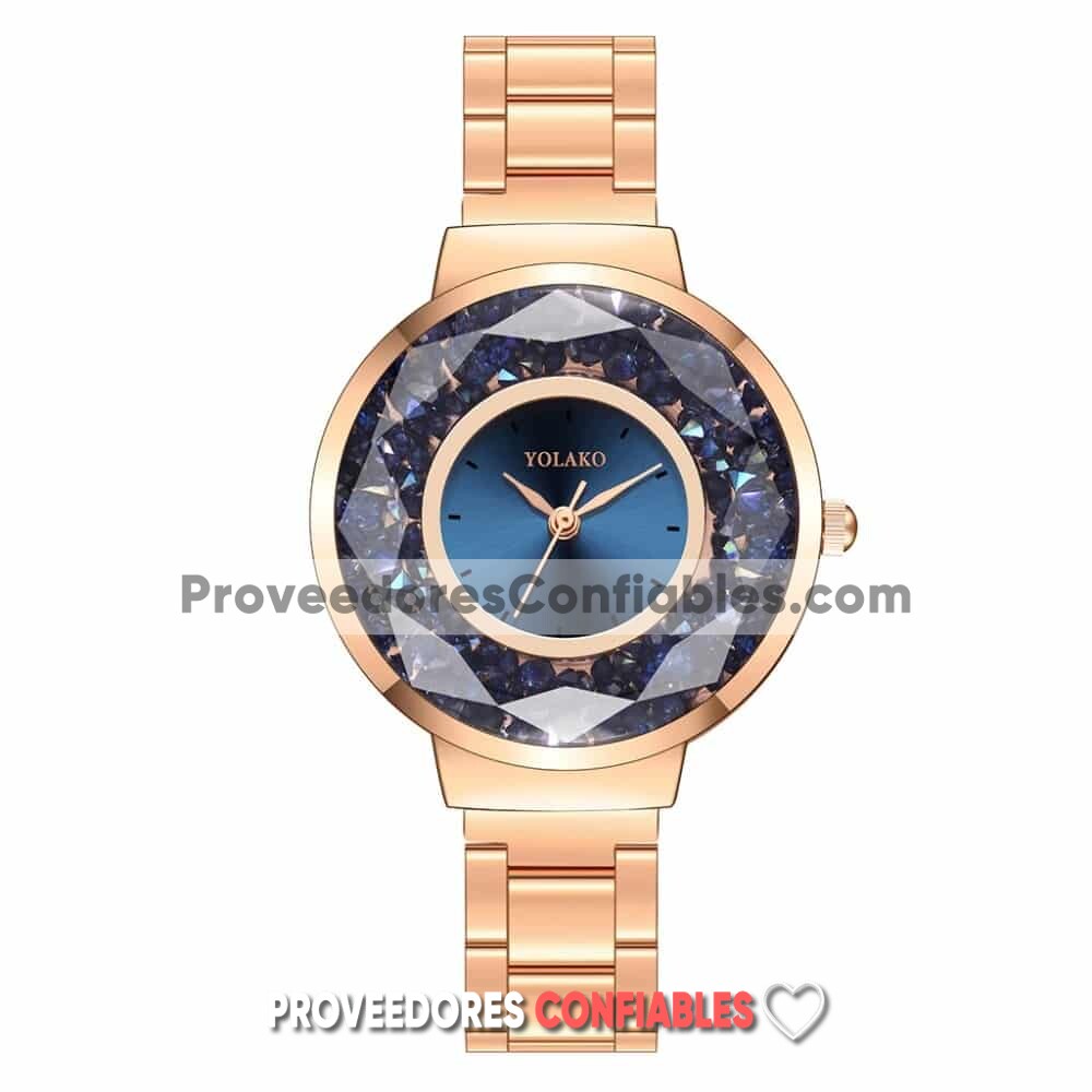 R3903 Reloj Diamantes Sueto Extensible Metal Dorado Caratula Azul A La Moda Mayoreo Jpg