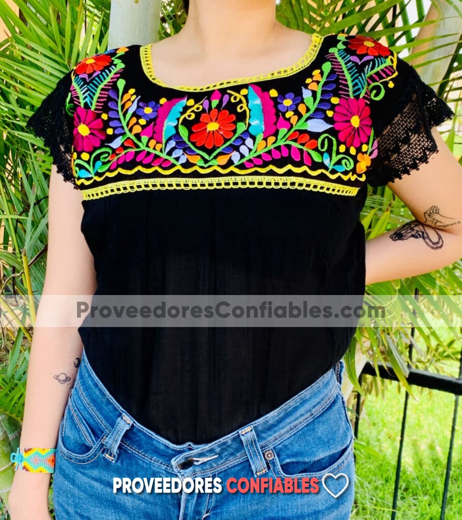 ⋆ rj00647 Blusa de manta negro bordada a maquina de flores artesanal  mexicano para mujer hecho en Chiapas mayoreo fabrica