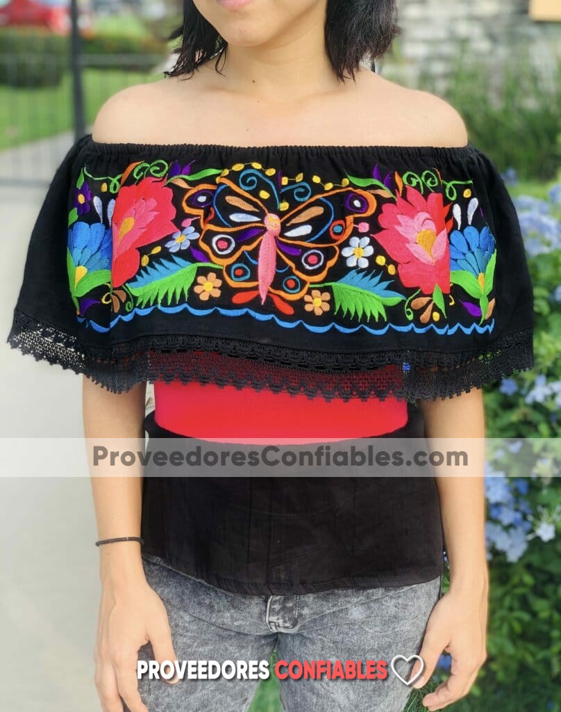 ⋆ rj00805 Blusa artesanal mexicano de manta color negro diseño de mariposa  para mujer hecho en Sahuayo Michoacan mayoreo fabrica