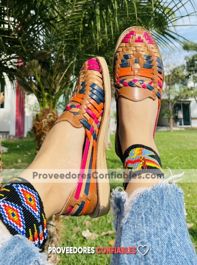 Zj00016 Huaraches Artesanales Color Beige Con Tejido Multicolor De Piso Mujer De Piel Sahuayo Michoacan 1 Jpg