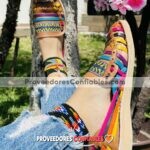 Zj00020 Huaraches Artesanales Color Beige Con Tejido Multicolor De Piso Mujer De Piel Sahuayo Michoacan 1 Jpg