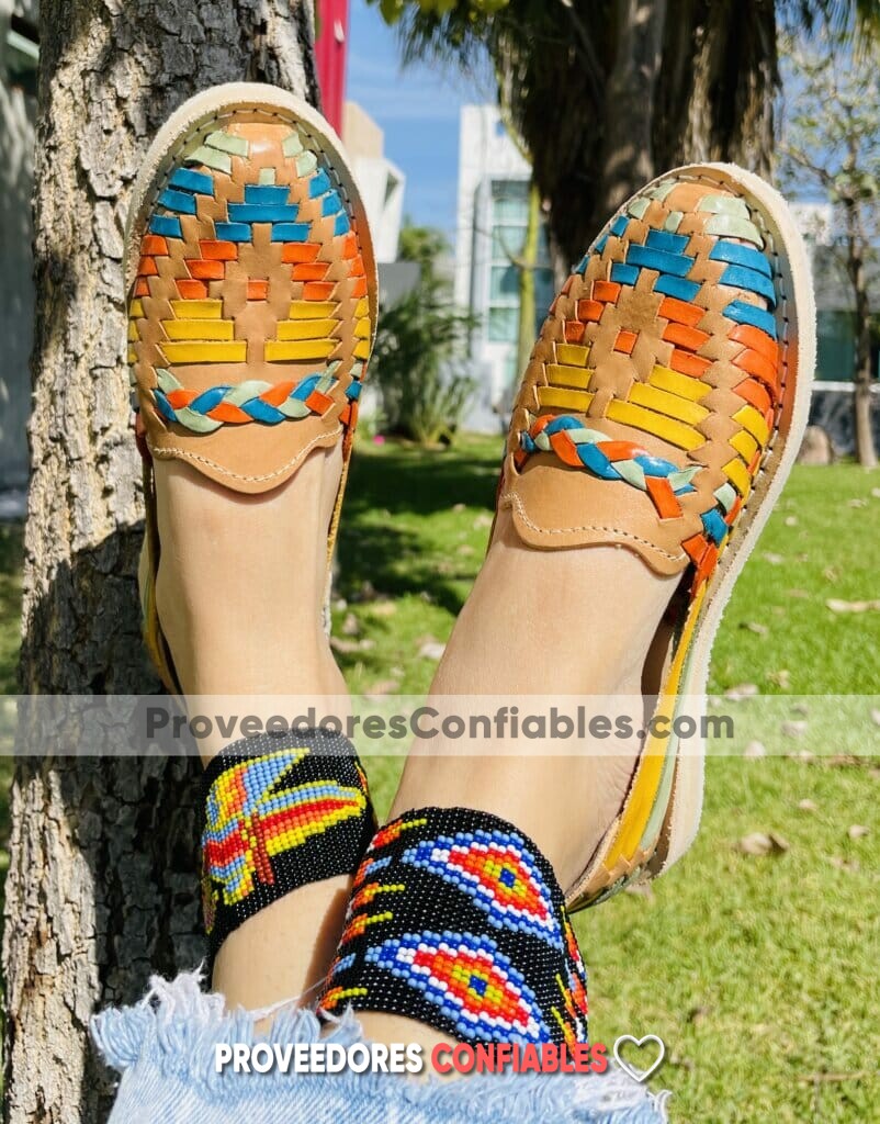 Zj00798 Huaraches Artesanales Color Beige Con Tejido Multicolor De Piso Premium Mujer De Piel Sahuayo Mich 2 Jpg