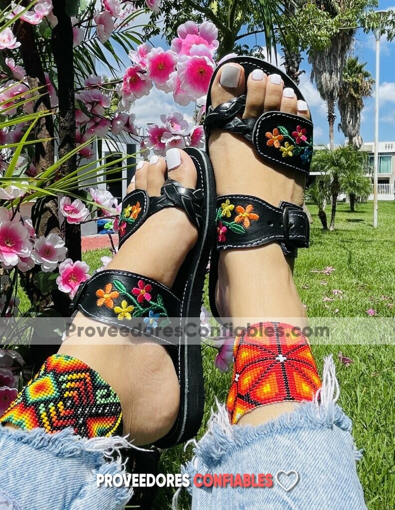Ze00034 Huaraches Artesanales Piso Para Mujer Negro Bordado Flores Tenza En Dedo Mayoreo Fabricante Calzado (2)