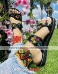 Ze00034 Huaraches Artesanales Piso Para Mujer Negro Bordado Flores Tenza En Dedo Mayoreo Fabricante Calzado (1)