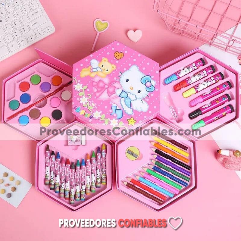 A3599 Caja Set De Pinturas Hello Kitty 46 Piezas Rosa Accesorios De Mayoreo