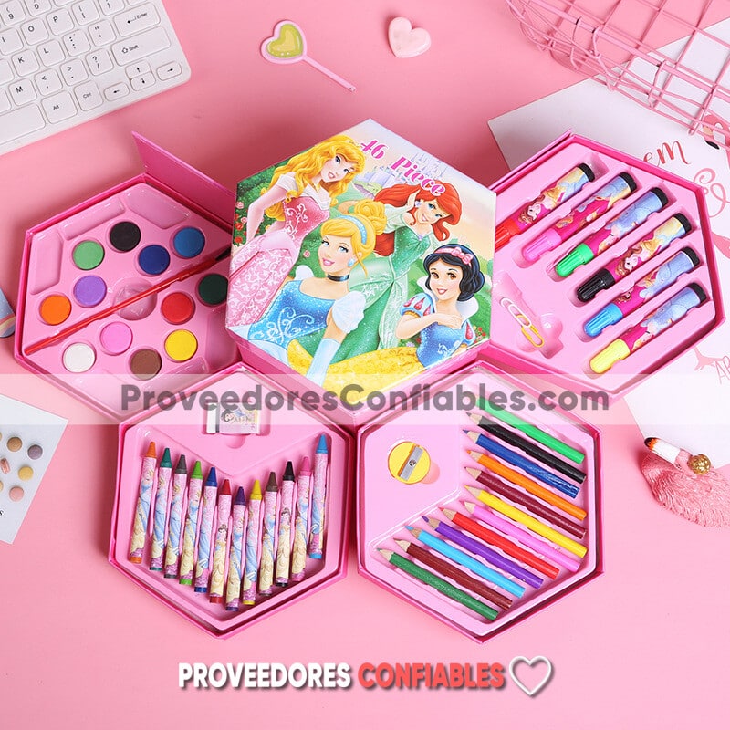 A3602 Caja Set De Pinturas Princesas 46 Piezas Rosa Accesorios De Mayoreo