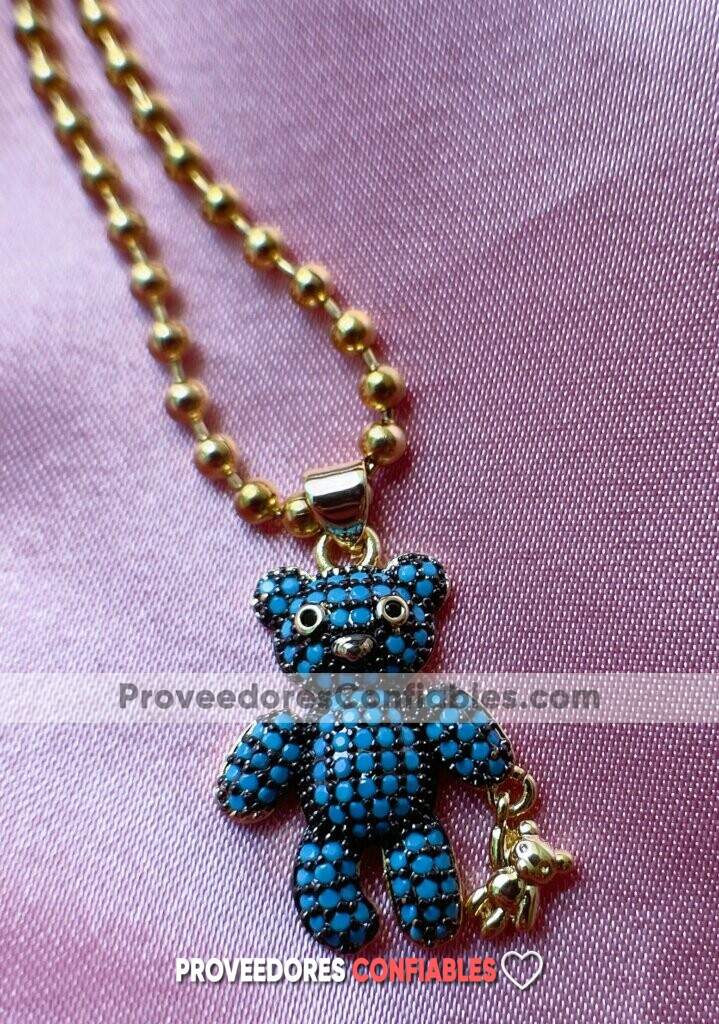A3604 Collar Osito Teddy Azul De Diamantes Dorado Acero Inoxidable Bisuteria Fabricante Mayorista (2)