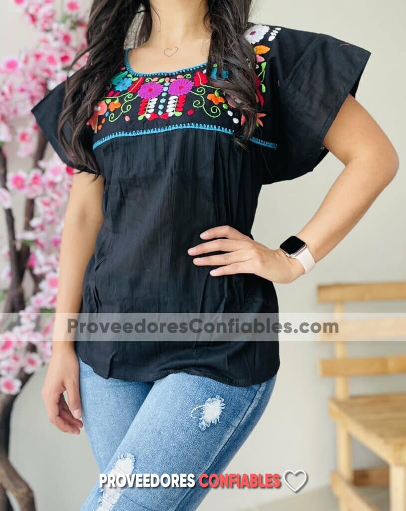 Rj00664 Blusa Artesanal Mexicano Para Mujer Hecho En Chiapas De Manta Color Negro Mayoreo (1)