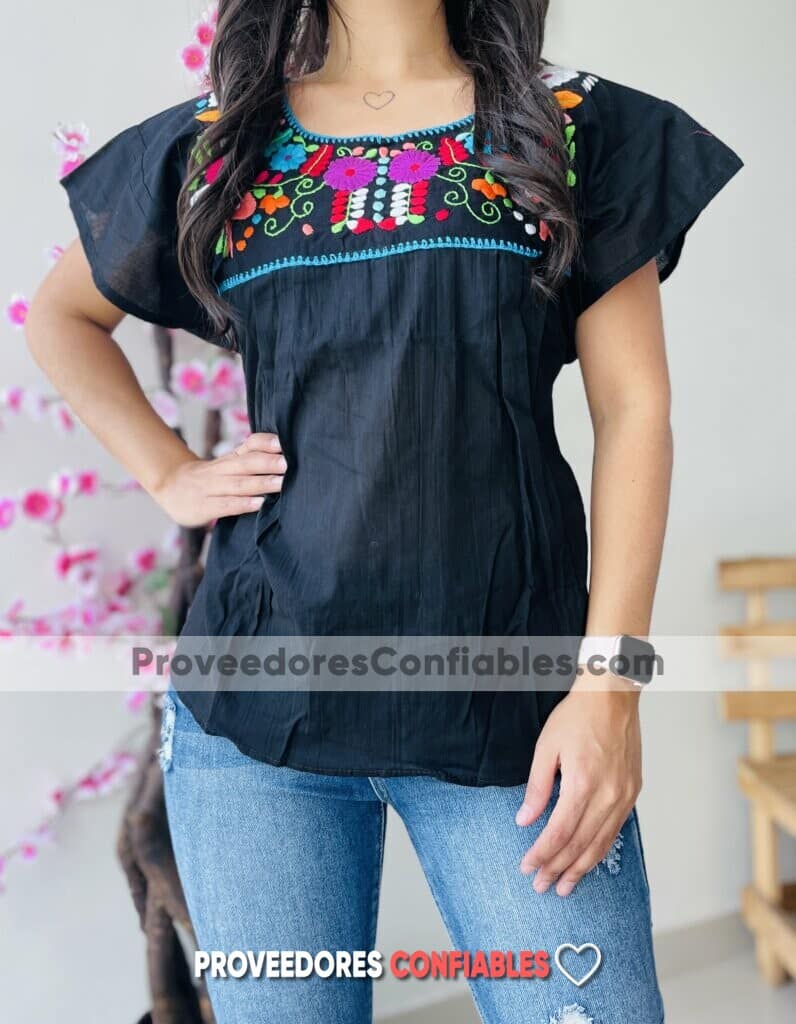 Rj00664 Blusa Artesanal Mexicano Para Mujer Hecho En Chiapas De Manta Color Negro Mayoreo (2)